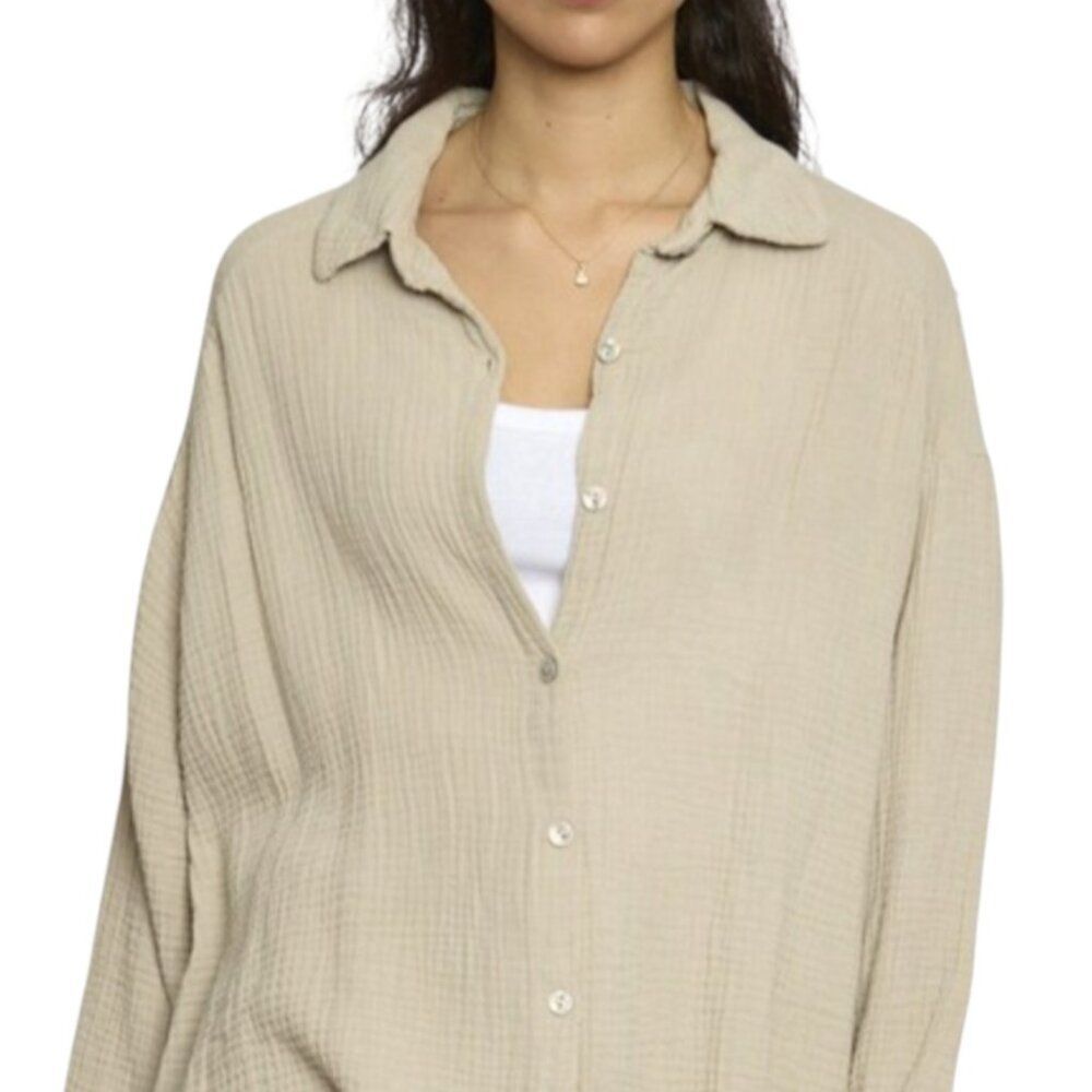 Italian Made Gauze Cotton Blouse Baggy Shirt Natural Neutral Beige One Size L - Picture 1 of 15